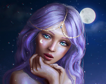 Moonchild, purple, moon, fantasy, art, luna, luminos, girl, paulina bochniak HD wallpaper