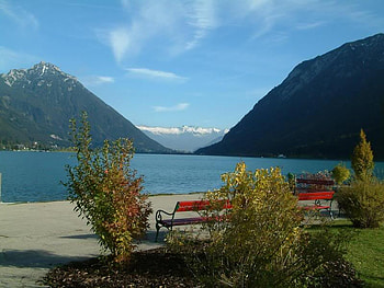 A Lake in Achensee, bench, sky, lake, mountain HD wallpaper
