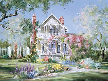 Welcome Friends, friendships, house, chimneys, steps, grass, pink, painting, blossoms, porch, fence, trees, flowers HD wallpaper