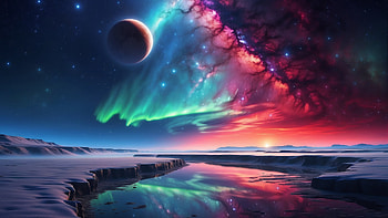 Northern Lights and Planets in Space, Northern Lights, planet, space, mountain, snow, Snowy Mountain HD wallpaper