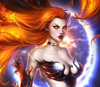 Dark Phoenix, blue, bird, ayyasap, pasare, girl, orange, jean grey, fantasy, luminos, fire HD wallpaper