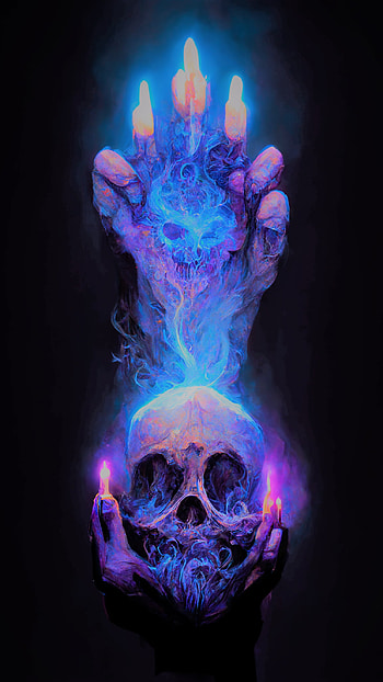 magical skull, head, magic, magenta, necromancer, fire, anime HD phone wallpaper