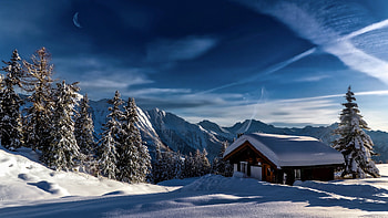 Snow Covered House Trees Mountains Background Under Blue Sky Winter HD wallpaper