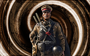 Keisuke Nakamura, brown grunge background, Battlefield V, fan art, Battlefield characters, vortex, Battlefield V Elites, soldiers, Battlefield 5, Keisuke Nakamura Battlefield HD wallpaper