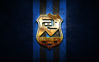 Azul Claro Numazu FC, golden logo, J3 League, blue metal background, football, japanese football club, Azul Claro Numazu logo, Azul Claro Numazu HD wallpaper