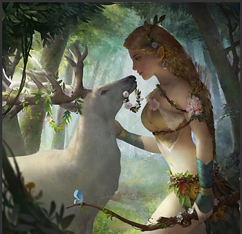 Artemis, mountain huang, goddess, forest, white, frumusete, art, gorgeous, superb, fantasy, deer, luminos HD wallpaper