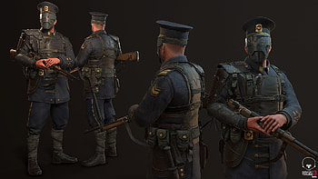 steampunk police officer, steampunk, police, officer, rifle HD wallpaper