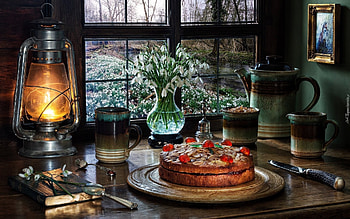 Snowdrop Still Life, window, lamp, snowdrops, cups, still life, cake HD wallpaper