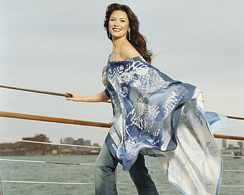 Catherine Zeta-Jones, sexy, pretty, smile, blue dress, actress, female HD wallpaper