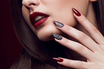 Red, model, nails, face, lips, girl, woman, hand HD wallpaper
