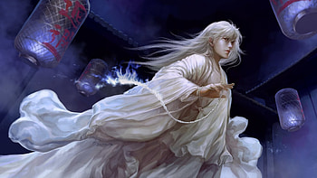 The Original, white, asian, art, man, red eyes, dtjun, vampire, purple, fantasy, magical, original, lantern, guy HD wallpaper