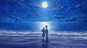 Couple Silhouette On Beach Under Full Moon, couple, silhouette, beach, moon, sky, sea, clouds, artist, artwork, art, digital-art, pixiv HD wallpaper