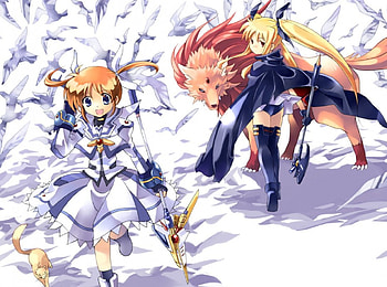 Nanoha and Fate, magical girl lyrical nanoha, anime, fate, weapon, nanoha HD wallpaper