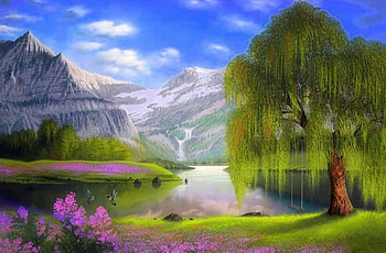★Mysterious Paradise★, colors, spring, scenery, bright, hummingbirds, trees, mountains, stunning, attractions in dreams, paradise, paintings, beautiful, seasons, panoramic view, creative pre-made, summer, love four seasons, swings, mysterious, softness beauty, nature, flowers, rivers HD wallpaper