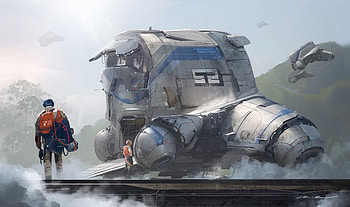 Futuristic Mech and Adventurer, Sci Fi, vehicle, spaceship, landscape, exploration HD wallpaper
