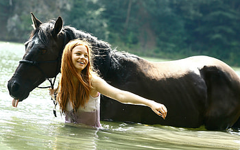 Cowgirl Cooling Off with Her Horse, redhead, cowgirl, horse, water HD wallpaper