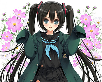 Long Sleeves, cute, floral, vocaloid, long hair, miku, vocaloids, flower, hatsune, twintails, , female, plain, sexy, white, hatsune miku, hot, girl, black hair, anime girl, simple, anime HD wallpaper