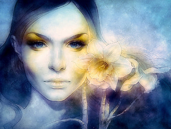 ~Blue Blossom in Spring~, blue, colors, beautiful girls, digital art, spring, artistic, lady, blossoms, drawings, lips, female, eyes, gorgeous, weird things people wear, paintings, portraits, people, seasons, creative pre-made, woman, love four seasons, face, models, girls, flowers, flowers in their hair, splendor, hair HD wallpaper