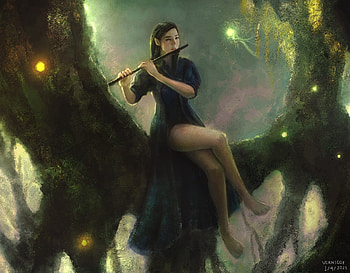 The ancient song of Aelith, night, firefly, flute, art, vernicoz, fantasy, green, girl, forest HD wallpaper