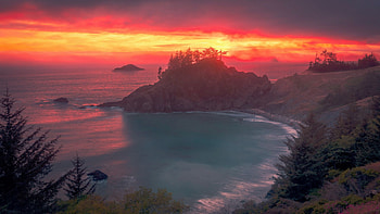 Oregon Coast, sea, shore, clouds, sky, rocks, cliff, usa, sunrise HD wallpaper