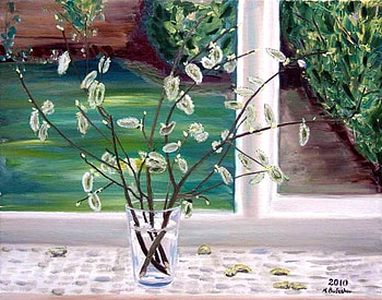 Bulashev Michael. Pussy-willow, painting, window, art, flower, bulashev michael HD wallpaper