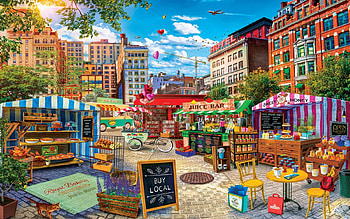 Buy Local, artwork, umbrellas, painting, vegetables, town, fruits, market, houses HD wallpaper