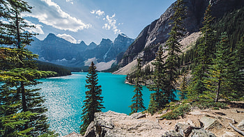 canada, summer, trees, pines, mountains, lake HD wallpaper