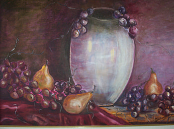 Still Art, table, fabric, grapes, vase, pears, purple, stoneware, vines, still HD wallpaper