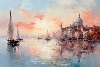 Venetian Harbor at Sunset - Impressionist Oil Painting, sea, sunset, impressionism, harbor, Venice, artistic, oil painting HD wallpaper