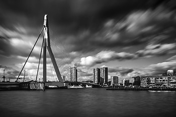 Rotterdam Skyline, Erasmus Brug bridge, Black and white, Long exposure HD wallpaper