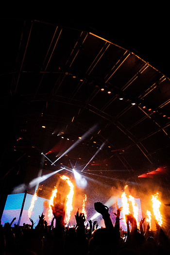 Music, Fire, Dark, Concert, Floodlights, Spotlights, Scene HD phone wallpaper