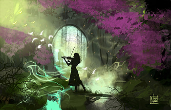 Art, Silhouettes, Girl, Garden, Violin HD wallpaper