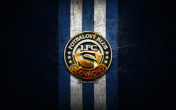 Slovacko FC, golden logo, Czech First League, blue metal background, football, czech football club, FC Slovacko logo, soccer, FC Slovacko HD wallpaper
