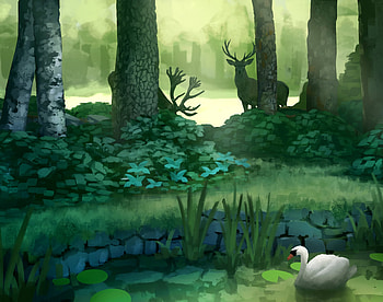 Trees, Art, Deers, Forest, Swan, Pond HD wallpaper