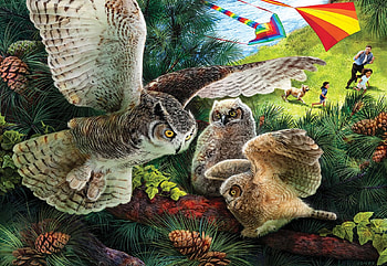 Learning To Fly, artwork, dog, owls, dragons, painting, chicks, people, pinecones HD wallpaper