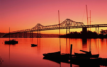 Red Sunset, boats, red, bridge, water, sun, sunset HD wallpaper