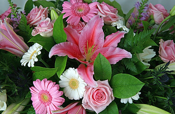 Flowers, Roses, Leaves, Lilies, Gerberas, Bouquet HD wallpaper