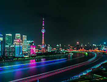City, colorful lights, river, night, buildigns HD wallpaper