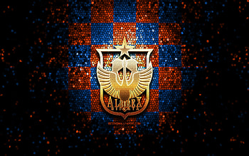 Albirex Niigata FC, glitter logo, J2 League, orange blue checkered background, soccer, japanese football club, Albirex Niigata logo, mosaic art, football, Albirex Niigata HD wallpaper