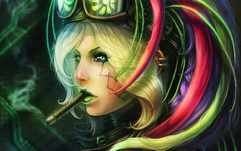 Steampunk Girl, artwork, cigar, face, colors, hair, spectacles HD wallpaper