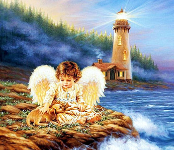 Sweet Angel, sea, dog, artwork, shore, lighthouse, painting, stones HD wallpaper