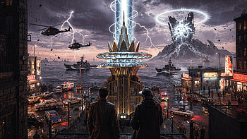Death Ray Harbor —, Death Ray, Sci Fi City, Tower, Lightning, Helicopter HD wallpaper