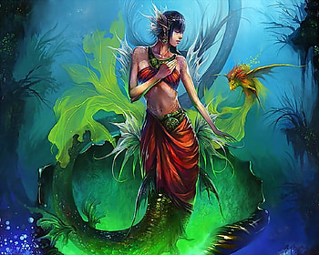 Mermaid Coming Out Of Her Shell, Fish, Water, Mermaid, Fantasy, Shell HD wallpaper