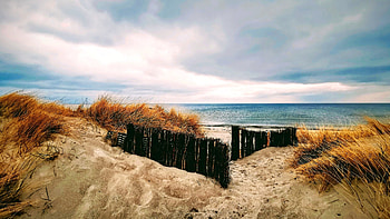 Sandy beach at the Baltic Sea, Germany, landscape, clouds, sky, dunes HD wallpaper
