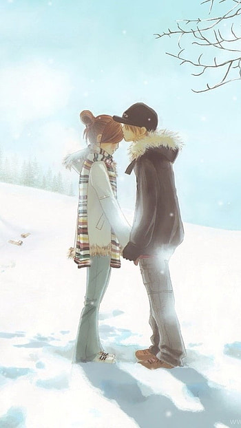 Couple Cartoon, Winter, Snow Background HD phone wallpaper