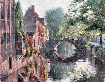 Bruges in Spring, architecture, art, landscape, beautiful, Bruges, artwork, scenery, wide screen, Belgium, painting, Paprocki, bridge HD wallpaper