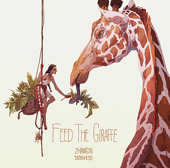 Feeding the giraffe, animal, brown, xi zhang, fantasy, art, xizhang, giraffe, girl HD wallpaper