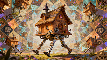Clockwork Cottage on Mechanical Legs —, Fantasy, Cottage, Steampunk, Clockwork HD wallpaper