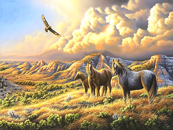Under Wild Skies, attractions in dreams, paintings, North Dakota, summer, love four seasons, horses, wild life, animals, fields, clouds, nature, sky HD wallpaper