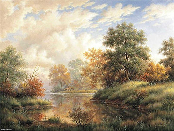 Nature painting, river, painting, art, nature, tree, pond HD wallpaper